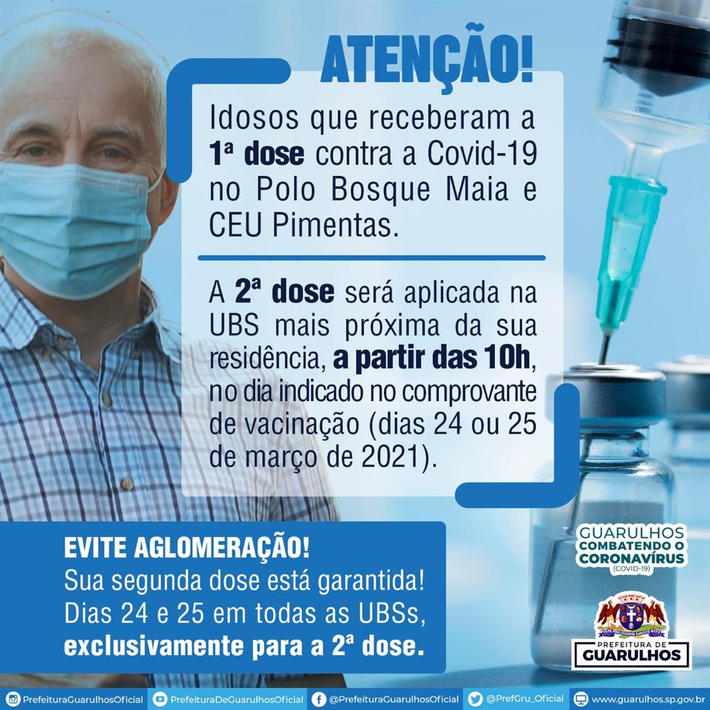 Idosos vacinados no Maia e Pimentas tomarão a 2ª dose na UBS a partir das 10h